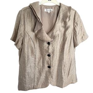Vintage Champagne Short Sleeve Ruffle Collar Button Front Blouse